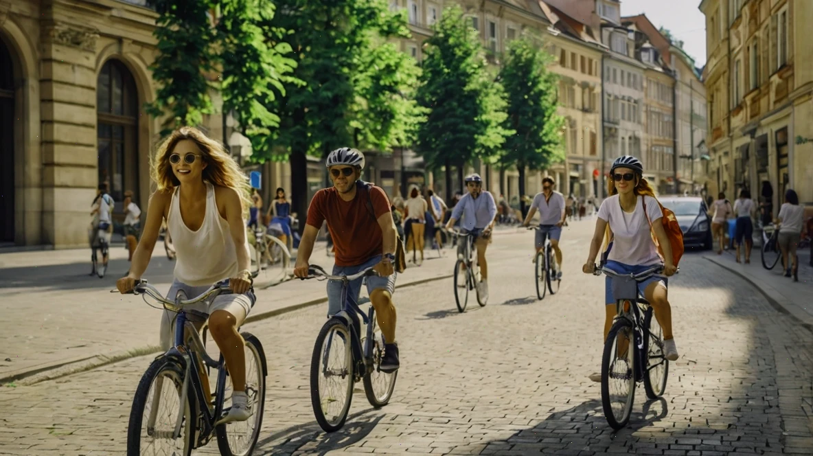 Skupina cyklistov prechádza mestom